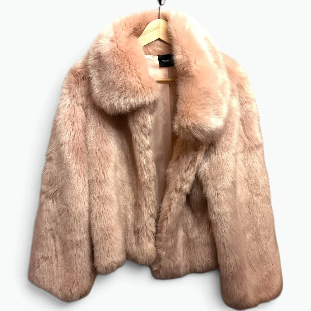 Cliche Pink Faux Fur Coat Coquette Glam Barbiecore XL Blush Winter Ski Bunny